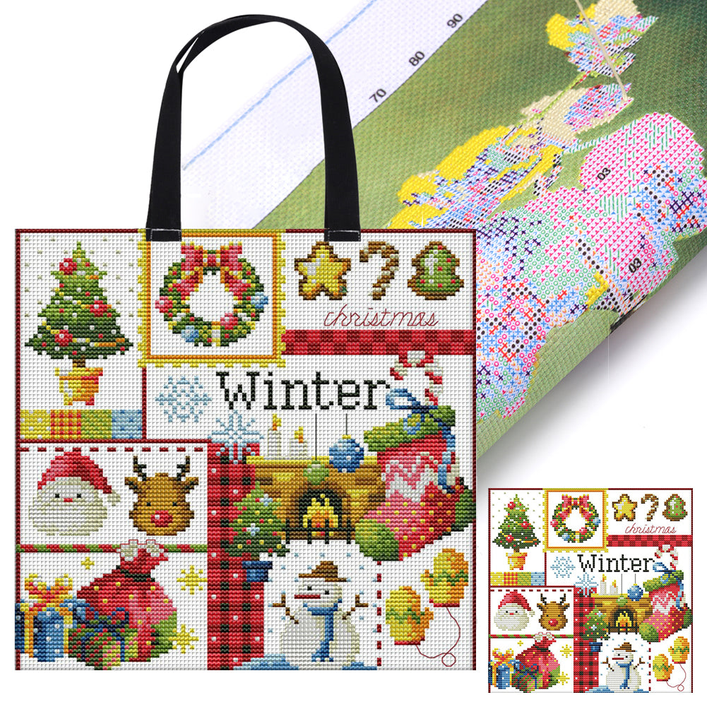 Embroidery Kit Christmas Tree Cross Stitch Canvas Tote Bag for Beginners 40x40cm