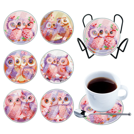6 PCS Acrylic Washable Diamond Painting Art Coasters Kits with Holder (Owl)