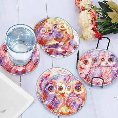 6 PCS Acrylic Washable Diamond Painting Art Coasters Kits with Holder (Owl)