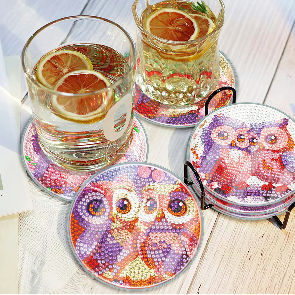 6 PCS Acrylic Washable Diamond Painting Art Coasters Kits with Holder (Owl)