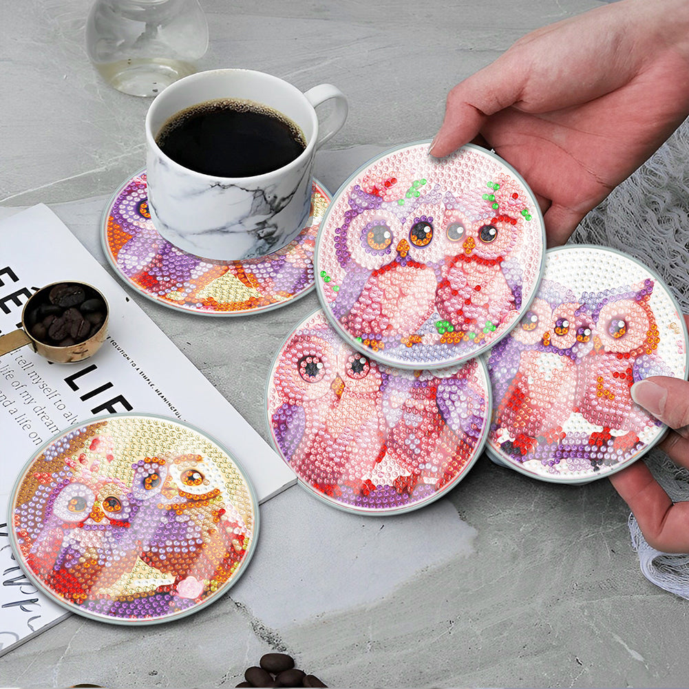 6 PCS Acrylic Washable Diamond Painting Art Coasters Kits with Holder (Owl)