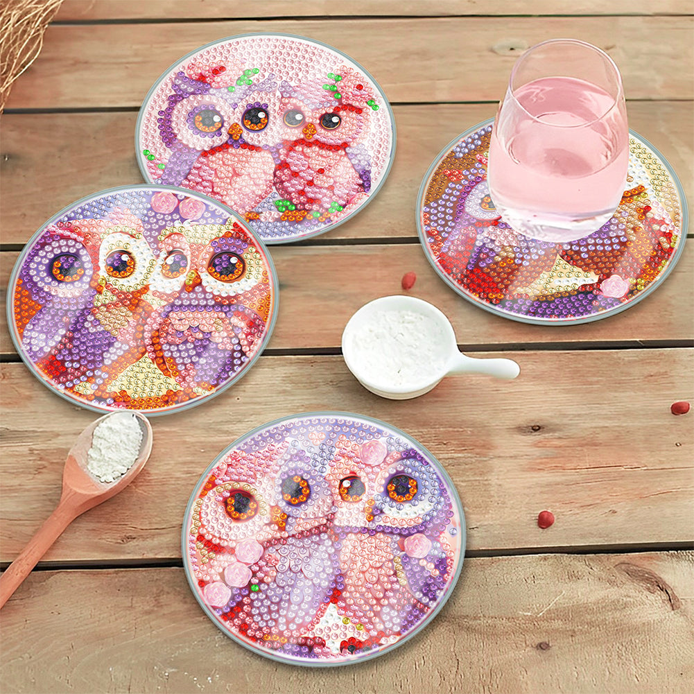 6 PCS Acrylic Washable Diamond Painting Art Coasters Kits with Holder (Owl)