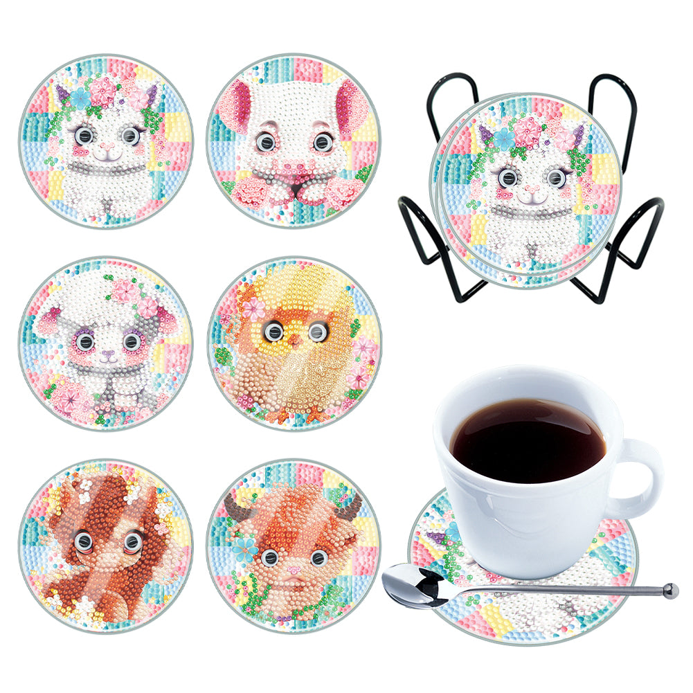 6 PCS Acrylic Washable Diamond Painting Coasters Kits with Holder (Cute Animal)