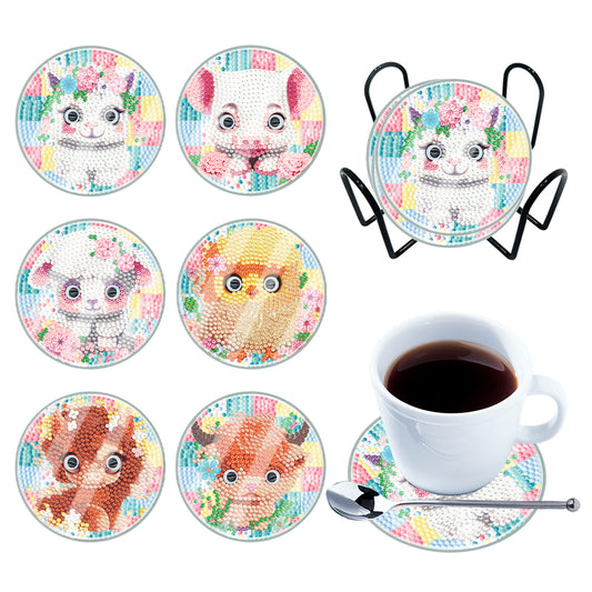 6 PCS Acrylic Washable Diamond Painting Coasters Kits with Holder (Cute Animal)