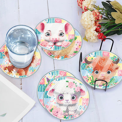 6 PCS Acrylic Washable Diamond Painting Coasters Kits with Holder (Cute Animal)