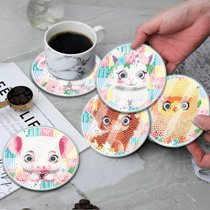 6 PCS Acrylic Washable Diamond Painting Coasters Kits with Holder (Cute Animal)