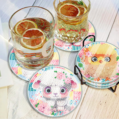 6 PCS Acrylic Washable Diamond Painting Coasters Kits with Holder (Cute Animal)