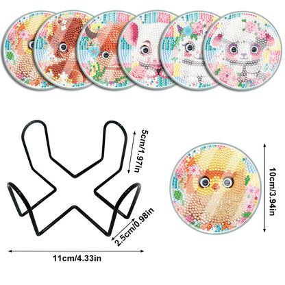 6 PCS Acrylic Washable Diamond Painting Coasters Kits with Holder (Cute Animal)