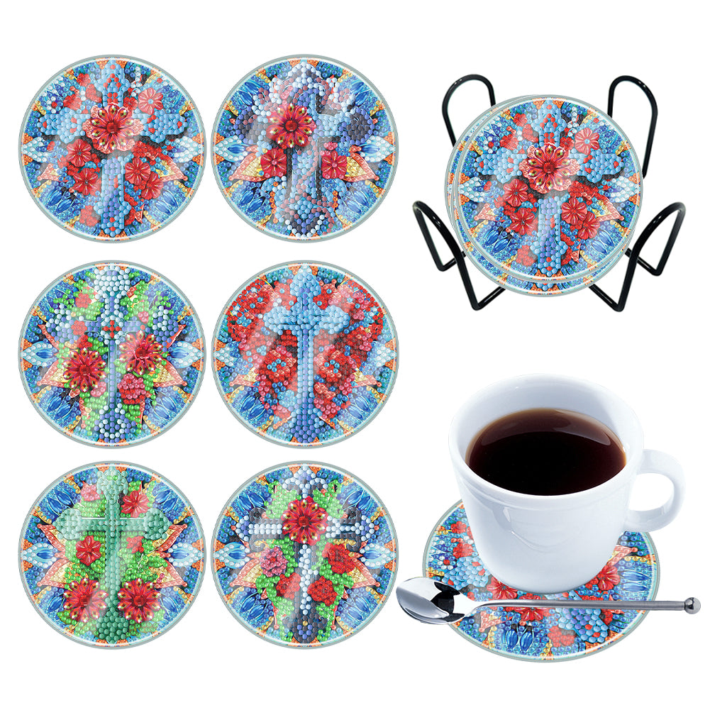 6 PCS Acrylic Washable Diamond Painting Art Coasters Kits with Holder (Cross)