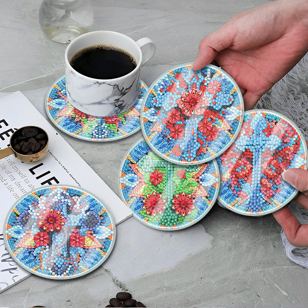 6 PCS Acrylic Washable Diamond Painting Art Coasters Kits with Holder (Cross)