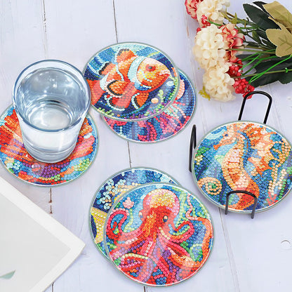 6 PCS Acrylic Washable Diamond Painting Coasters Kits with Holder (Sea Animal)