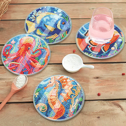 6 PCS Acrylic Washable Diamond Painting Coasters Kits with Holder (Sea Animal)