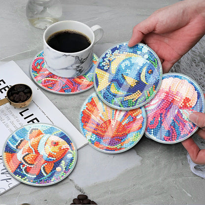 6 PCS Acrylic Washable Diamond Painting Coasters Kits with Holder (Sea Animal)