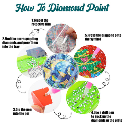 6 PCS Acrylic Washable Diamond Painting Coasters Kits with Holder (Sea Animal)