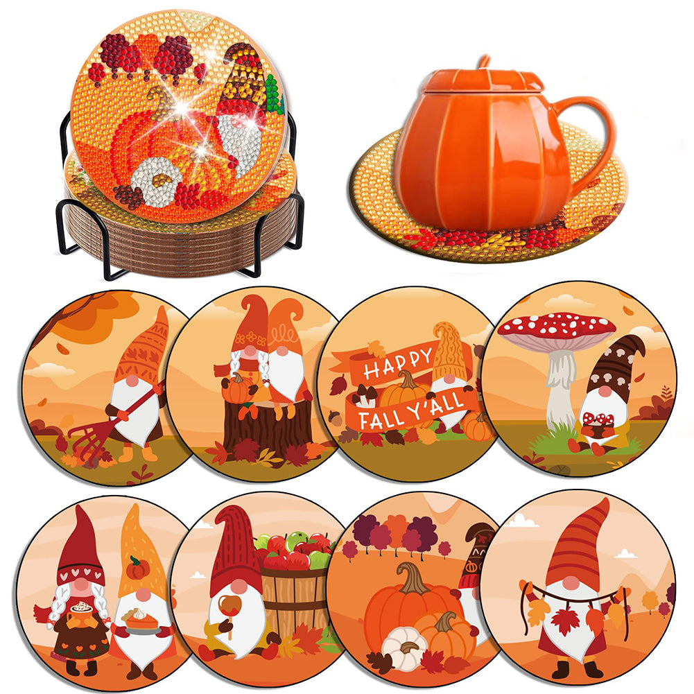 8 PCS Acrylic Diamond Painting Coasters Kits with Holder (Pumpkin Gnome)