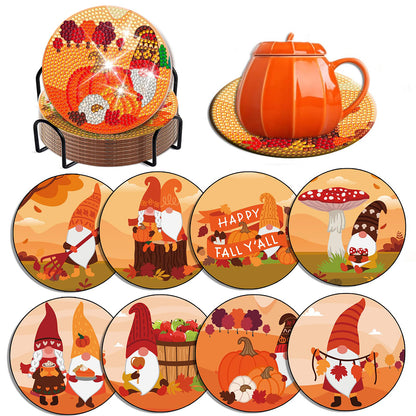 8 PCS Acrylic Diamond Painting Coasters Kits with Holder (Pumpkin Gnome)