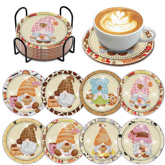8 PCS Acrylic Diamond Painting Coasters Kits with Holder (Coffee Bean Gnome)