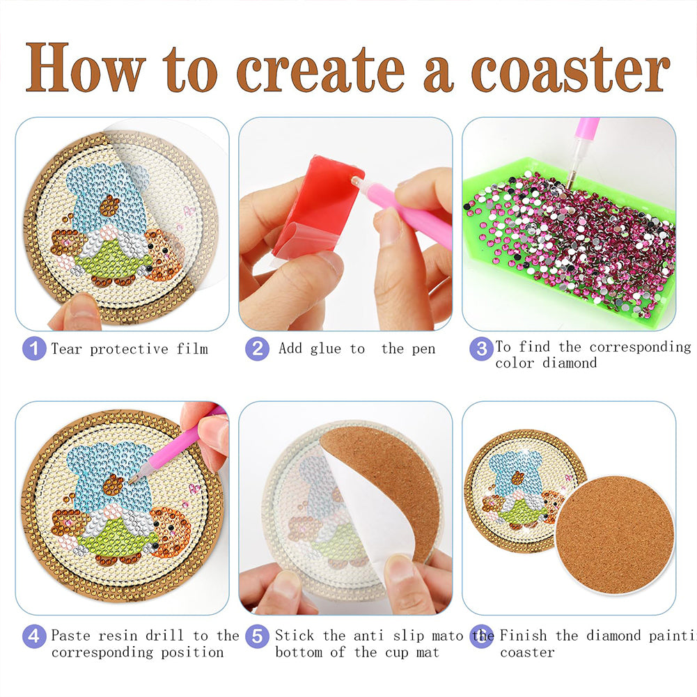 8 PCS Acrylic Diamond Painting Coasters Kits with Holder (Coffee Bean Gnome)