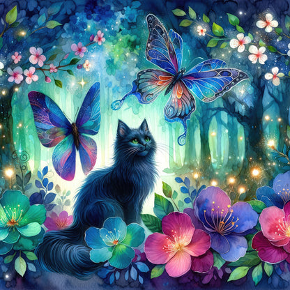 Kitten And Butterfly In The Mysterious Forest - Full Round Drill Diamond Painting 30*30CM