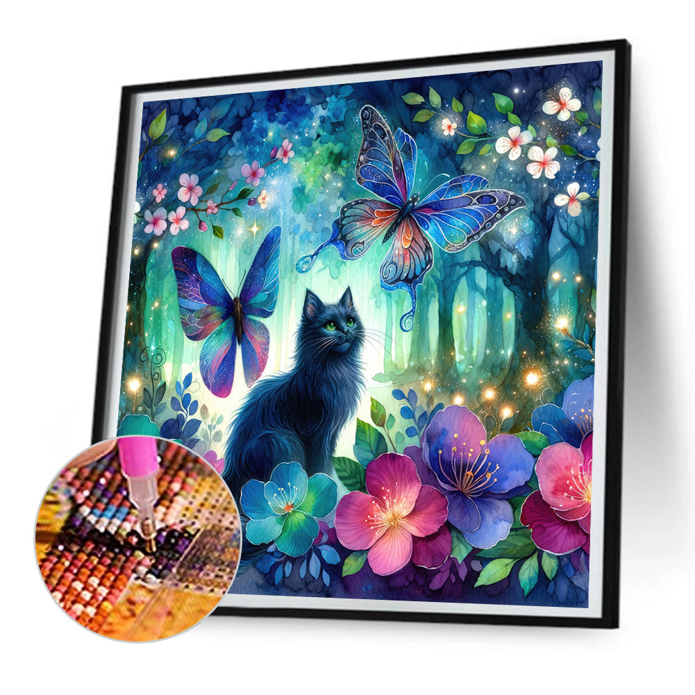 Kitten And Butterfly In The Mysterious Forest - Full Round Drill Diamond Painting 30*30CM