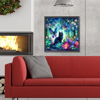 Kitten And Butterfly In The Mysterious Forest - Full Round Drill Diamond Painting 30*30CM