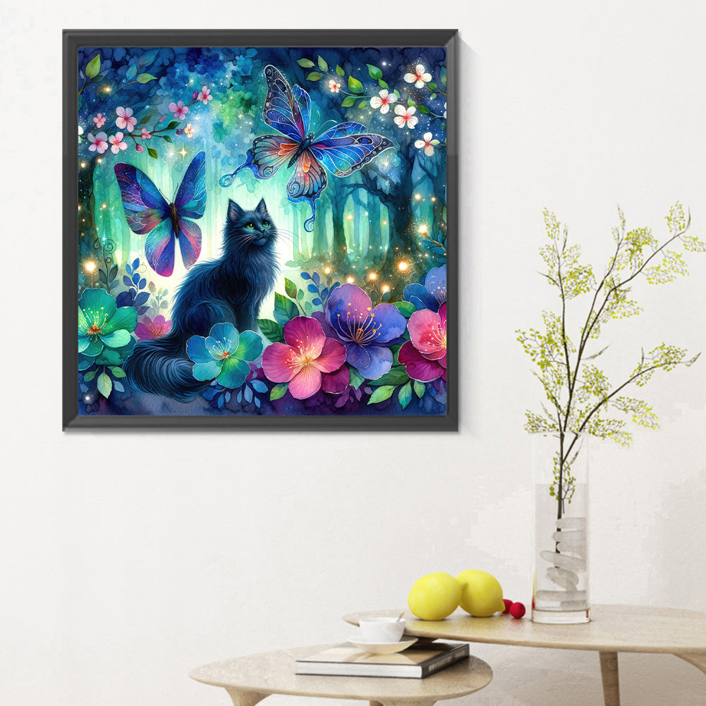 Kitten And Butterfly In The Mysterious Forest - Full Round Drill Diamond Painting 30*30CM