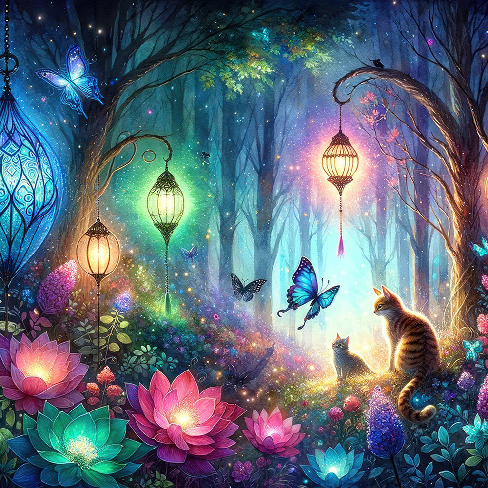 Kitten And Butterfly In The Mysterious Forest - Full Round Drill Diamond Painting 30*30CM