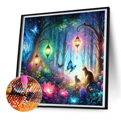 Kitten And Butterfly In The Mysterious Forest - Full Round Drill Diamond Painting 30*30CM