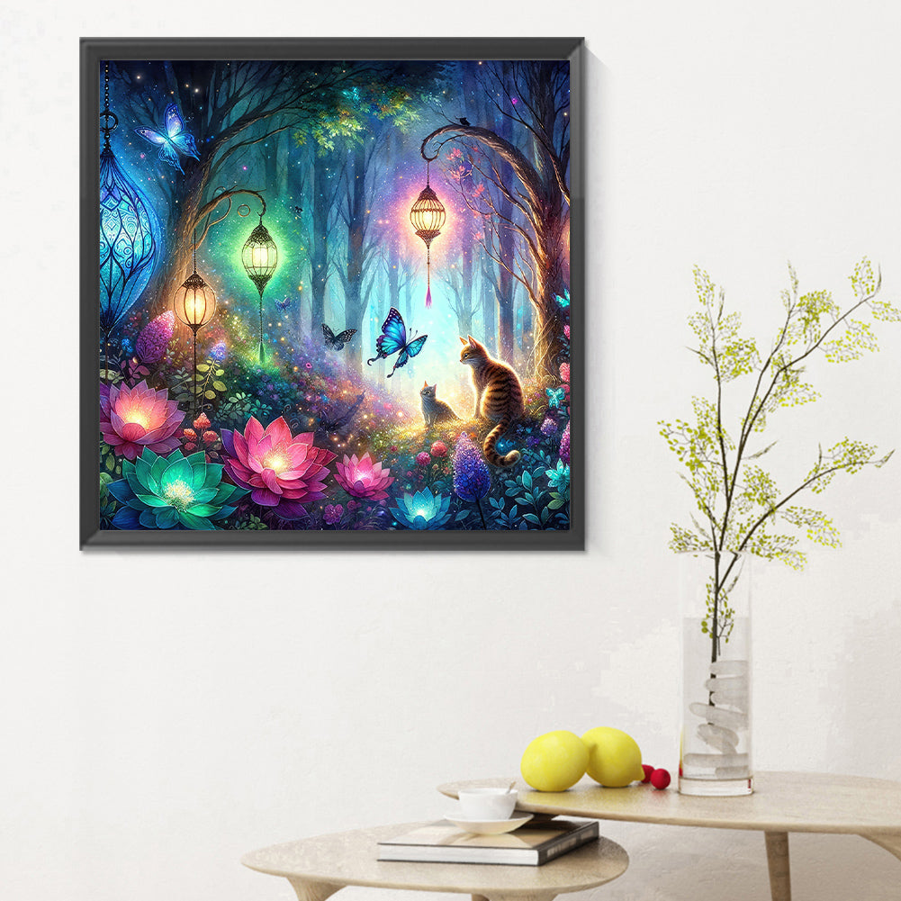 Kitten And Butterfly In The Mysterious Forest - Full Round Drill Diamond Painting 30*30CM