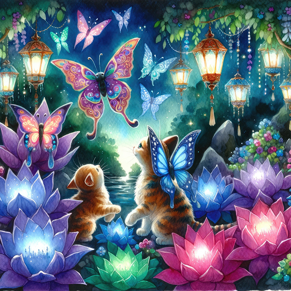 Kitten And Butterfly In The Mysterious Forest - Full Round Drill Diamond Painting 30*30CM