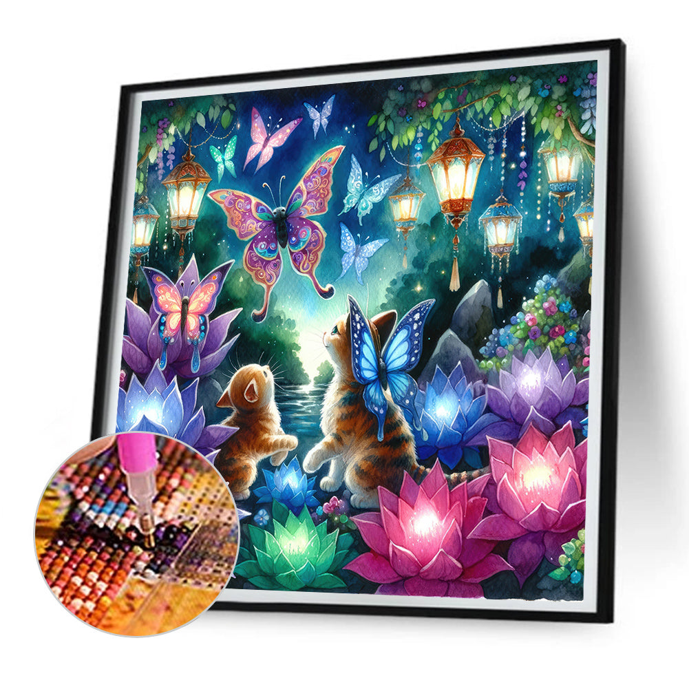 Kitten And Butterfly In The Mysterious Forest - Full Round Drill Diamond Painting 30*30CM