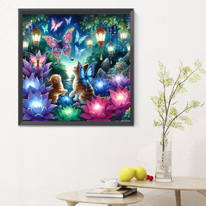 Kitten And Butterfly In The Mysterious Forest - Full Round Drill Diamond Painting 30*30CM