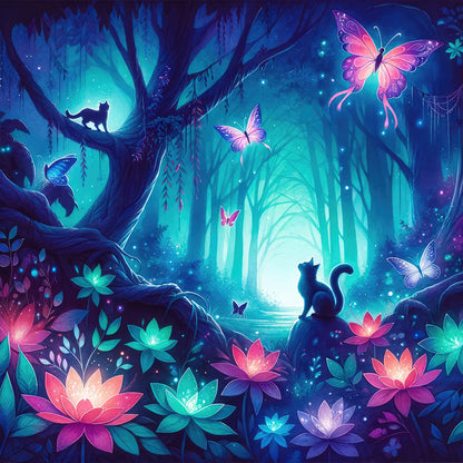 Kitten And Butterfly In The Mysterious Forest - Full Round Drill Diamond Painting 30*30CM