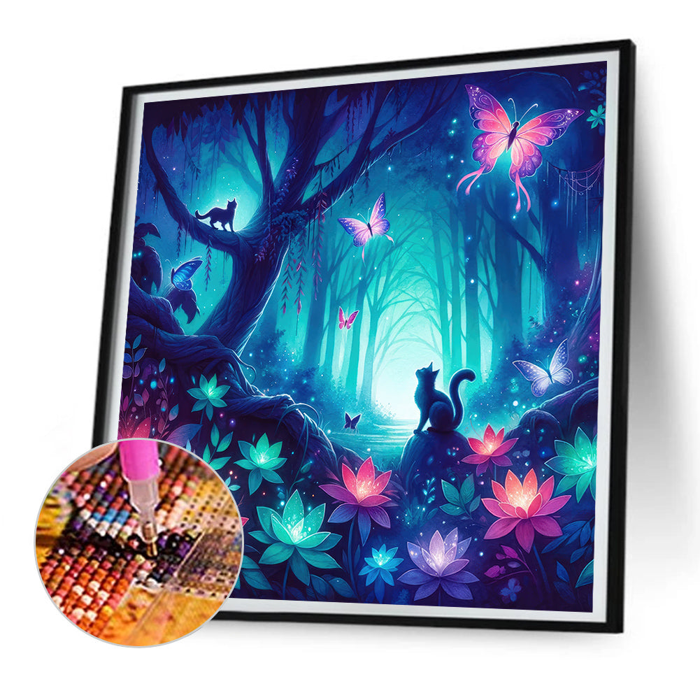 Kitten And Butterfly In The Mysterious Forest - Full Round Drill Diamond Painting 30*30CM