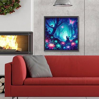 Kitten And Butterfly In The Mysterious Forest - Full Round Drill Diamond Painting 30*30CM