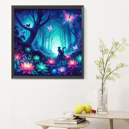 Kitten And Butterfly In The Mysterious Forest - Full Round Drill Diamond Painting 30*30CM