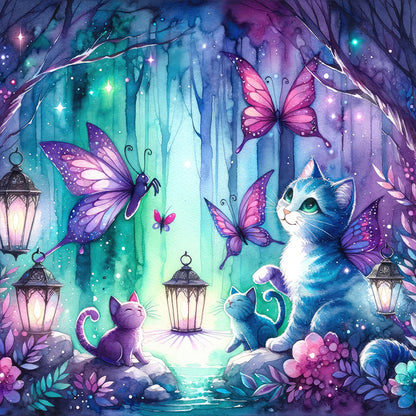 Kitten And Butterfly In The Mysterious Forest - Full Round Drill Diamond Painting 30*30CM