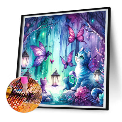 Kitten And Butterfly In The Mysterious Forest - Full Round Drill Diamond Painting 30*30CM