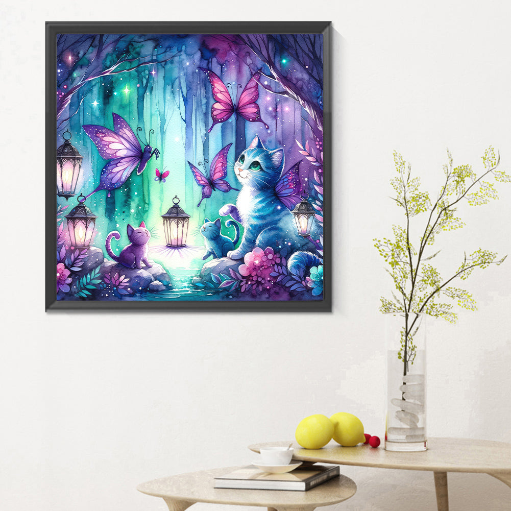 Kitten And Butterfly In The Mysterious Forest - Full Round Drill Diamond Painting 30*30CM