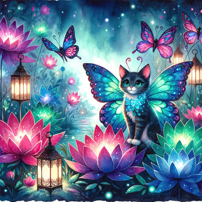 Kitten And Butterfly In The Mysterious Forest - Full Round Drill Diamond Painting 30*30CM