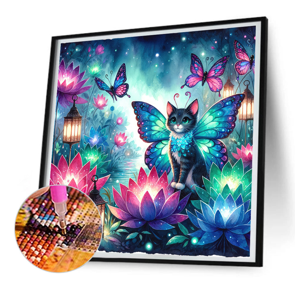 Kitten And Butterfly In The Mysterious Forest - Full Round Drill Diamond Painting 30*30CM