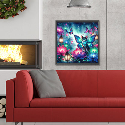 Kitten And Butterfly In The Mysterious Forest - Full Round Drill Diamond Painting 30*30CM