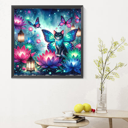 Kitten And Butterfly In The Mysterious Forest - Full Round Drill Diamond Painting 30*30CM