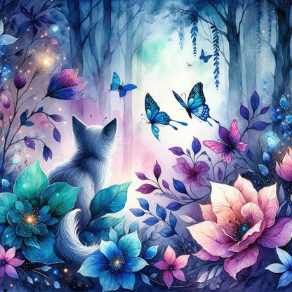 Kitten And Butterfly In The Mysterious Forest - Full Round Drill Diamond Painting 30*30CM