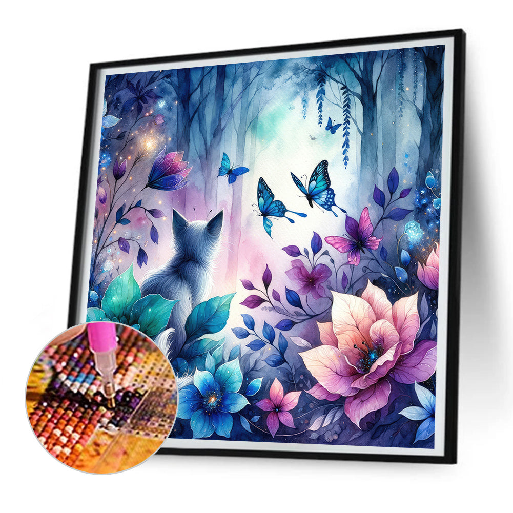 Kitten And Butterfly In The Mysterious Forest - Full Round Drill Diamond Painting 30*30CM