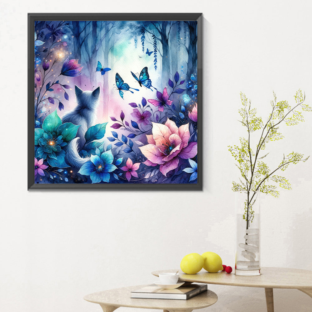 Kitten And Butterfly In The Mysterious Forest - Full Round Drill Diamond Painting 30*30CM