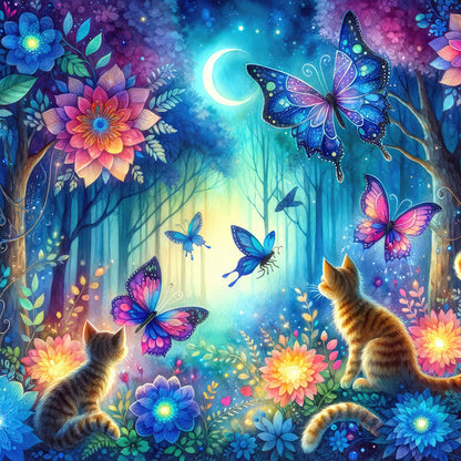 Kitten And Butterfly In The Mysterious Forest - Full Round Drill Diamond Painting 30*30CM