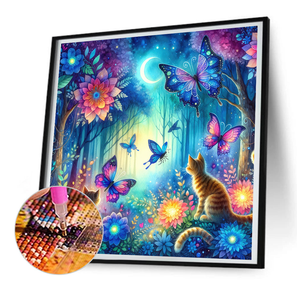 Kitten And Butterfly In The Mysterious Forest - Full Round Drill Diamond Painting 30*30CM