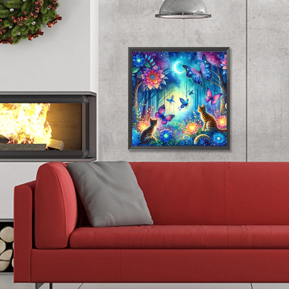 Kitten And Butterfly In The Mysterious Forest - Full Round Drill Diamond Painting 30*30CM