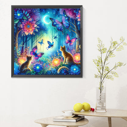 Kitten And Butterfly In The Mysterious Forest - Full Round Drill Diamond Painting 30*30CM